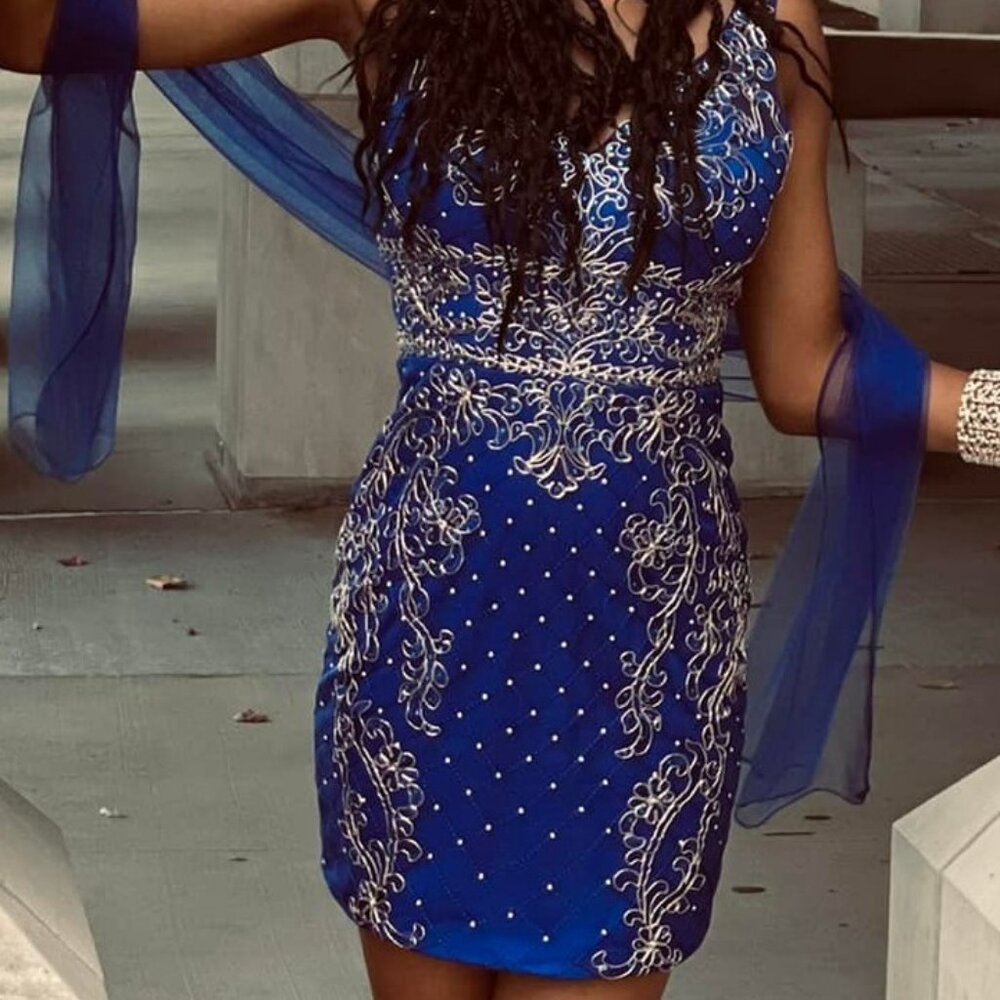 Beaded bright blue short cocktail dress, size X-Small